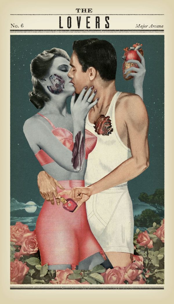 The Lovers, a zombie woman who is grey in a pink 50s underwear set with a white man wearing a tank top and boxers making out in a field of flowers