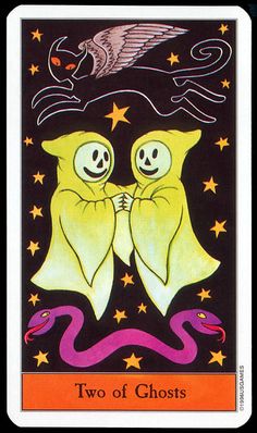 Two ghosts with jackolantern faces and yellow cloaks floating below a black cat - they are the two of Ghosts