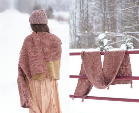 Side by side views of the Half Moon shawl. On the left side is a shot of a model's back, the shawl wrapped around her. On the right side the wrap his hanging draped on a fence against a snowy landscape. The wrap is a long rectangle made up of textured squares