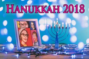 A menorah against a blue and white background with the ladies quadrant in a frame next to the menorah