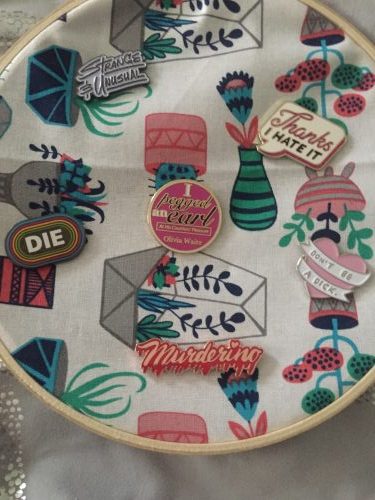 A display of word pins.