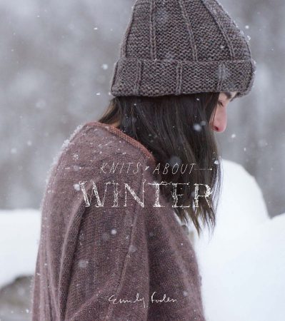 The cover of Knits About Winter which features a woman in profile, wearing a handknit hat and sweater.