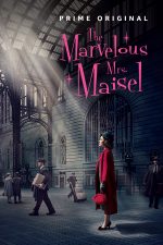 marvelous mrs maisel poster she's in a red coat in alargely black and white background wit h the light from Grand Central's ceiling isolating her in a beam