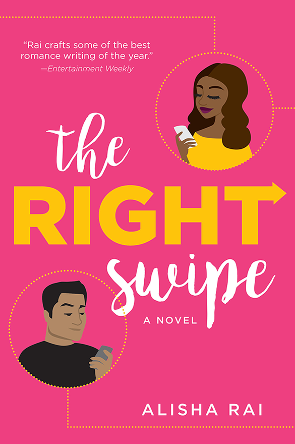 A bright pink cover with the title in white and yellow. There are two brown-skinned people looking and smiling at their phones.