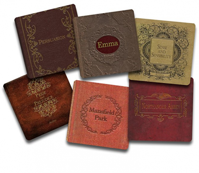 Jane austen book cover coasters including Emma, Mansfield Park, and others