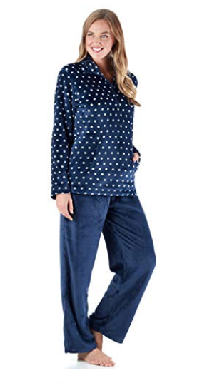 Fleece pajamas in blue with polka dot top and plain bottom