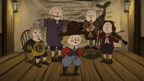 A cartoon image of a old-timey band.