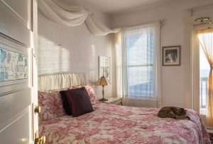 The Colette Room, mostly white, with a cat on the bed