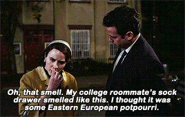 Midge with Lenny Bruce in a back alley, smelling a marijuana joint and saying "Oh, that smell. My college roommate's sock drawer smelled like this. I thought it was some Eastern European potpourri." Lenny is looking at her in total befuddlement.