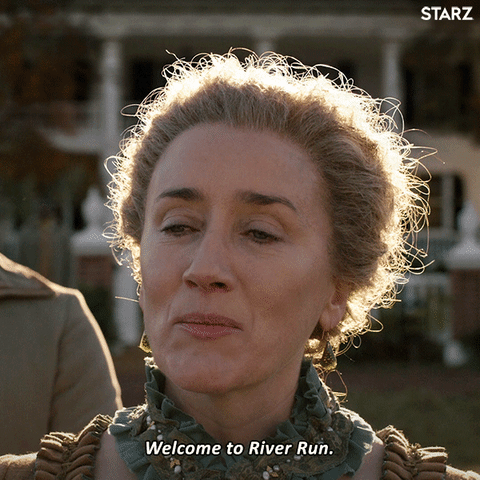 Jocasta, welcoming Jamie, Claire, and Ian to River Run.