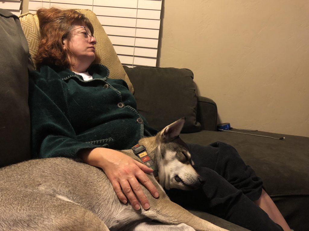 me, on the couch, with the dog, half asleep