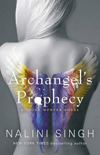 Archangel's Prophecy by Nalini Singh. A black and white photo of a topless woman facing away from her. She has long blonde hair tossed over one shoulder. On her back are colorful pair of shimmery wings.