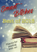 Smart Bitches Best of 2018 graphic - a stack of books against a sparkly lit background and at the bottom it says thanks for reading with us!