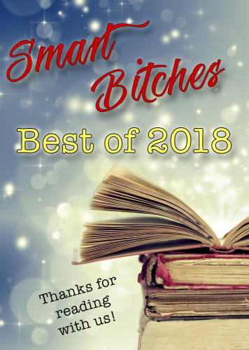 Smart Bitches Best of 2018 graphic - a stack of books against a sparkly lit background and at the bottom it says thanks for reading with us!