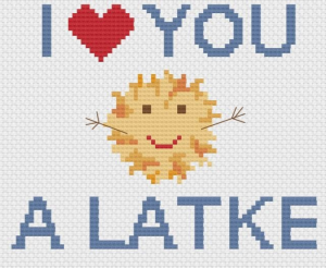 I love you a Latke cross stitch pattern with a small latke with a smiley face and outstretched arms 