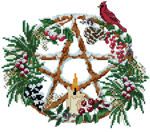 pagan yule cross stitch pattern with a star, a cardinal, a candle, greenery and snow
