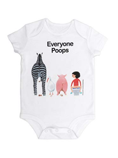 Everyone Poops Onesie with illustration of a zebra, a chicken, a pig, and the main character all pooping