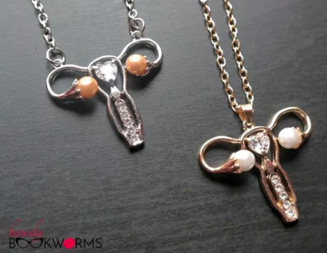 Ova-Achiever Necklace, a curled metal necklace charm with pearls and beads to look like ovaries and a uterus 
