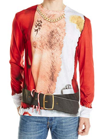 Hairy chest santa with a tattoo and a open BUT TUCKED IN Santa shirt 