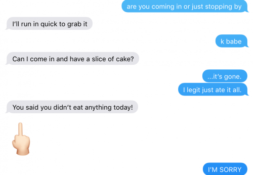 A screenshot of a text conversation of Amanda's boyfriend asking if he could come in for cake, but she ate the last slice already. He sends her an emoji of a middle finger.