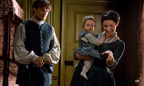 Claire and Jamie with Baby Germaine, who is an ADORABLE MUFFIN with cheeks for DAYS.
