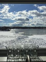 A view of a snowy lakeside out of a window