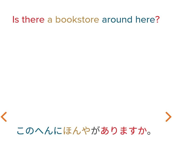 Mango instruction page teaching me how to say Is there a bookstore around here? in Japanese 