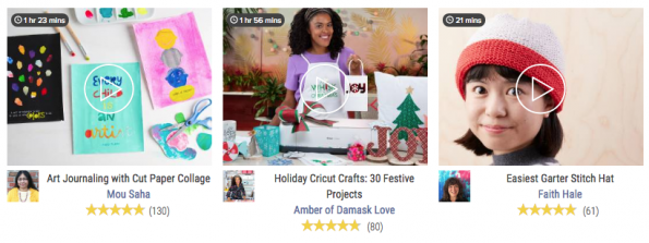 Screen Shot of CreativeBug classes in Art Jounraling taught by Mou Saha, Cricut Holiday Crafts taught by Amber of Damask Love, and Garter Stitch Hat knitting by Faith Hale