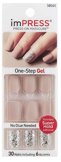 Impress stick on nails with light pink and then glitter accent nails 