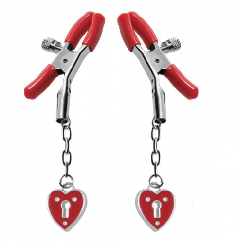 A pair of red nipple clamps with red padlock hearts dangling from them.