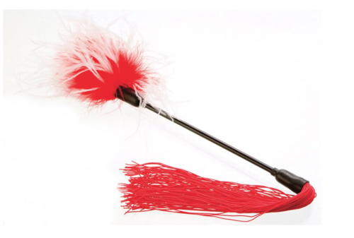 A dual purpose sex toy. One end is a feather tickler, while the other end has whip strands.
