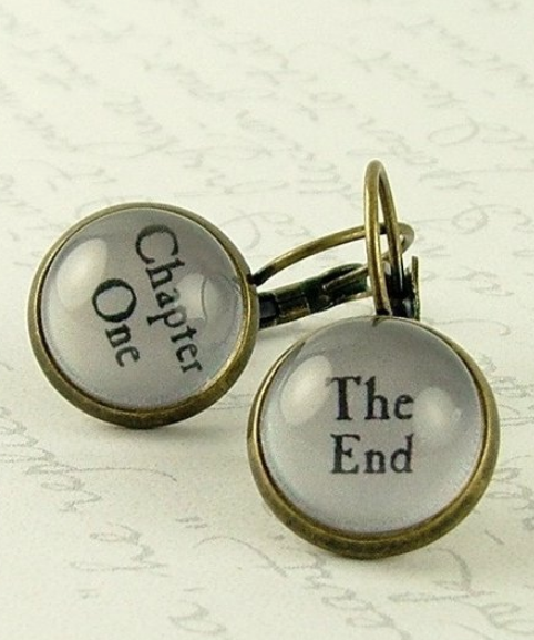 Book End earrings - one says Chapter One and the other says The End