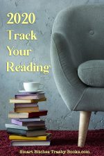 a fuzzy grey chair with a stack of books on the floor and a teacup on top with the words 2020 Track Your Reading and the Site URL at the bottom