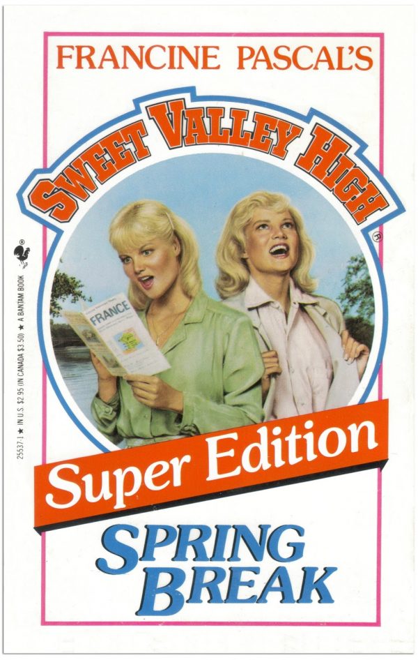 Sweet Valley High Super Edition - Spring Break. Elizabeth is wearing a green blouse and looking at a brochure labeled FRANCE while Jessica has her hands on her jacket lapels and is looking up at the sky and screaming. They look frighteningly intense. 