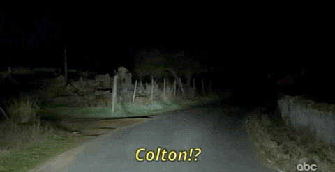 Shaky footage of a dark lane while someone shouts Colton's name