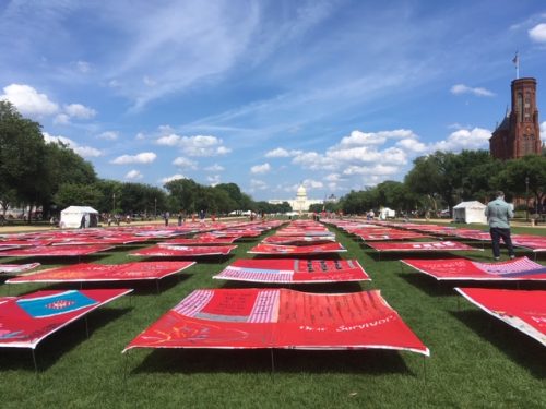 The Monument Quilt display spread across green grass in front of the White House