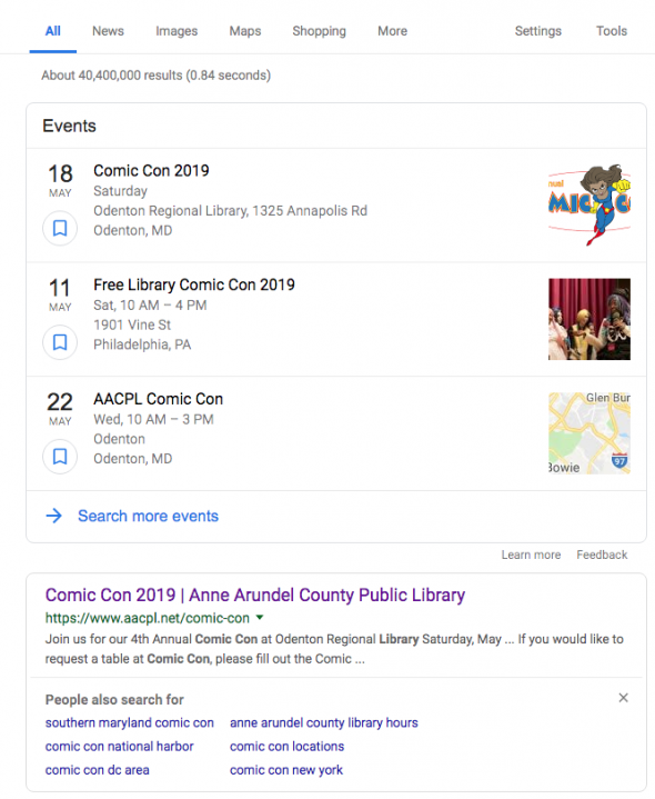 Google Results of Library comic Con with options in Anne Arundel County and in Philadelphia