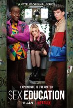 Three teenagers (a white boy, a white girl, and a black boy) are all crowded into a graffiti covered bathroom.