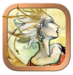 The icon for Shadowscapes, a green and gold background with an illustration of a woman with sharp features and pointed ears in profile
