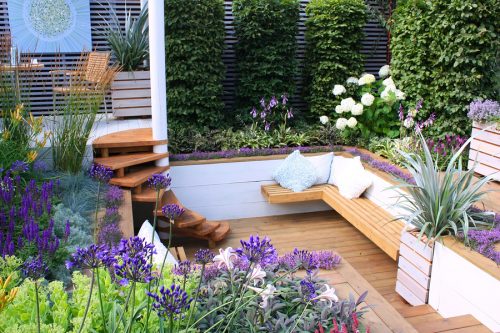Wooden bench and flowering plants in garden