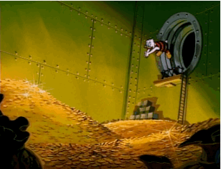 A gif of cartoon Scrooge McDuck diving into gold coins.