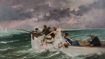 A painting of a wooden boats at sea filled with people