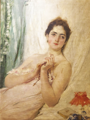 A very soft looking painting of a woman amidst a gauzy background.