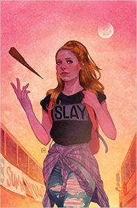 Buffy wearing a shirt that says "SLAY"