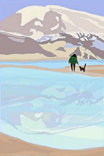 A doodle of Poppy and her cat hiking in the mountains