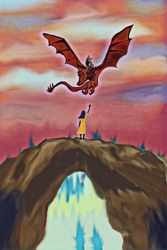 Poppy watching her black cat fly away on the back of a red dragon