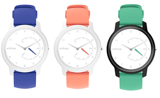 Three Move watches one with a blue band, one with a peach band, and one with a green band, all with white watchfaces 
