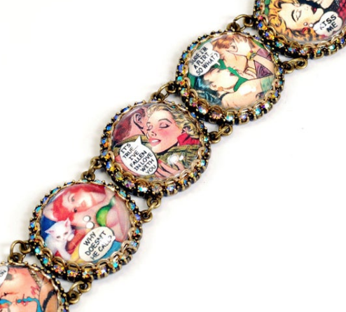 A bracelet made of round flat snippets of romance comic books surrounded by iridescent crystals