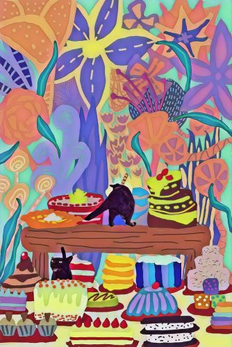 A colorful drawing of two cats surrounded by yummy cakes.