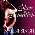 Slave to Sensation by Nalini Singh a man with cheetah print arms embracing a woman in a black bra with white skin wearing jeans against a pink background also with cheetah print 